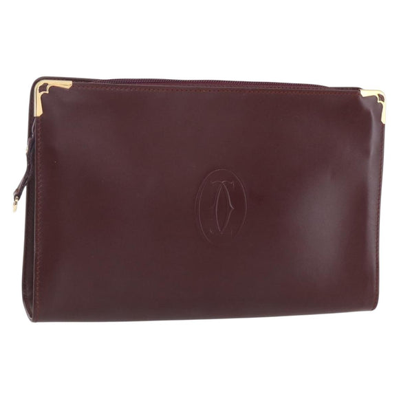 CARTIER Must Line Clutch Bag Leather Bordeaux Gold Auth BA8079