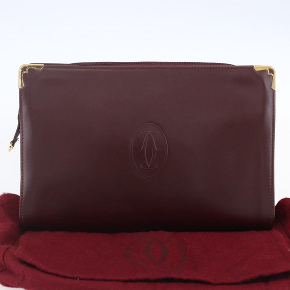 CARTIER Must Line Clutch Bag Leather Bordeaux Gold Auth BA8079