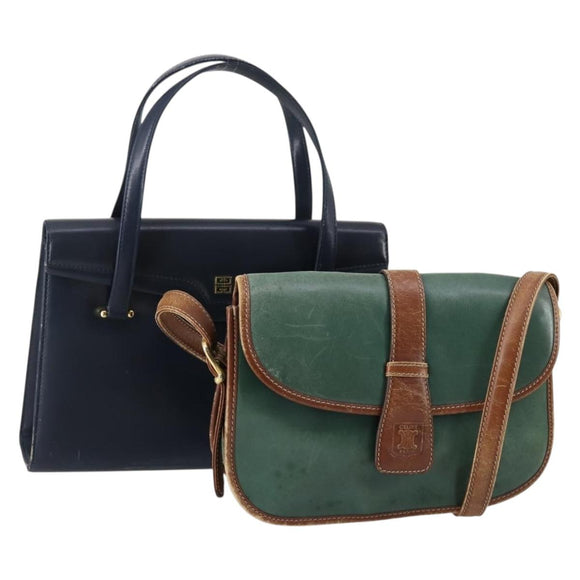 CELINE Givenchy Hand Bag Leather 2 Set Navy Green Auth BA8093