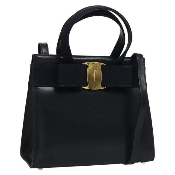 Salvatore Ferragamo Vala Hand Bag Leather 2way Navy Gold Auth BA817