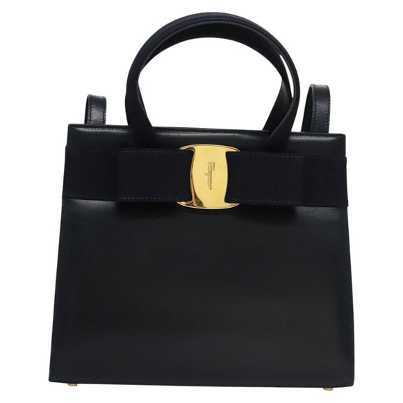 Salvatore Ferragamo Vala Hand Bag Leather 2way Navy Gold Auth BA817