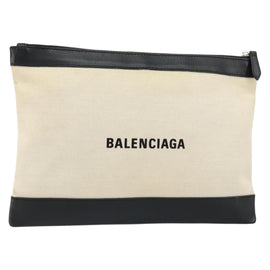 BALENCIAGA Clip M Bag Canvas Leather Beige Black Silver 373834 Auth BA8170