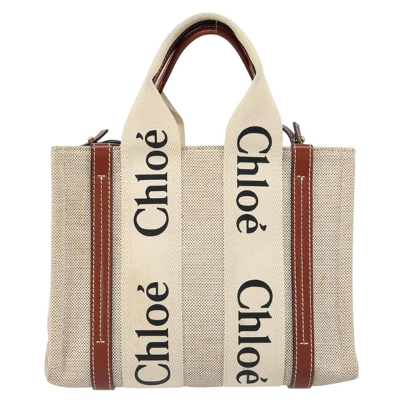 Chloe Woody Hand Bag Canvas Leather 2way Beige Gold Auth BA8173