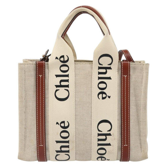 Chloe Woody Hand Bag Canvas Leather 2way Beige Gold Auth BA8173