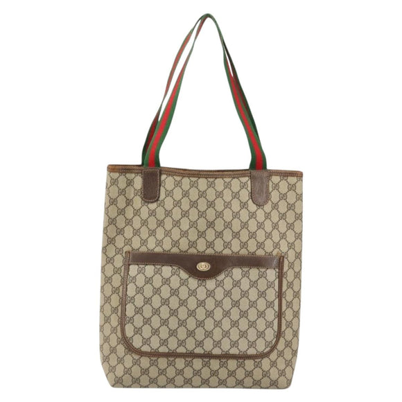 GUCCI GG Supreme Web Sherry Line Tote Bag PVC Beige Auth BA8180