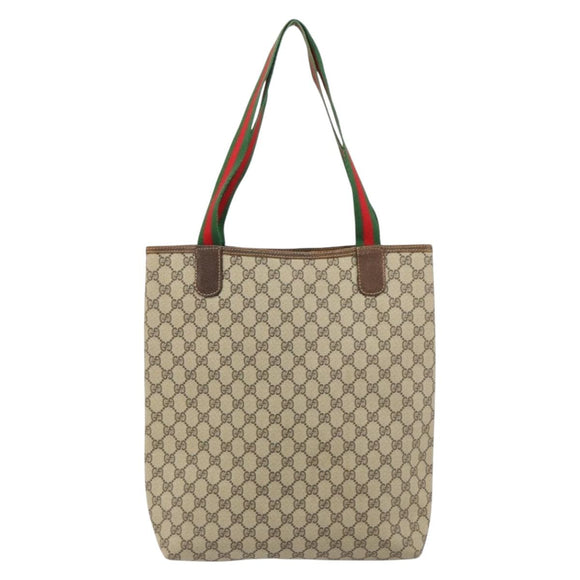 GUCCI GG Supreme Web Sherry Line Tote Bag PVC Beige Auth BA8180