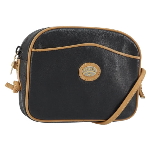 GUCCI Shoulder Bag Leather Black Gold Auth BA8193