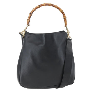 GUCCI Bamboo Hand Bag Leather 2way Black Gold 001 1998 1638 Auth BA8194