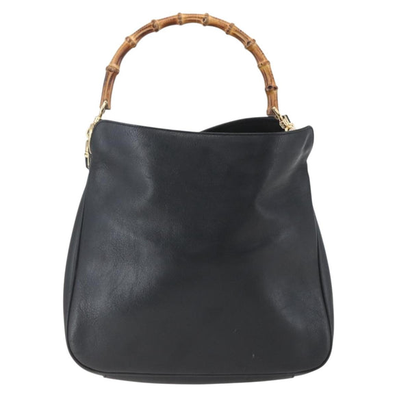 GUCCI Bamboo Hand Bag Leather 2way Black Gold 001 1998 1638 Auth BA8194