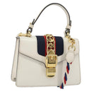 GUCCI Sherry Line Hand Bag Leather 2way White Gold Navy 470270 Auth BA8197-1