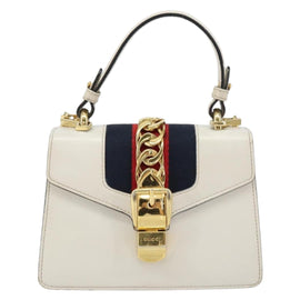 GUCCI Sherry Line Hand Bag Leather 2way White Gold Navy 470270 Auth BA8197 - 0