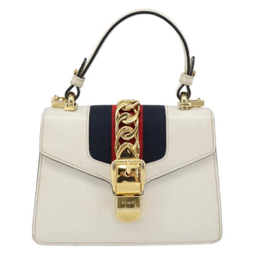 GUCCI Sherry Line Hand Bag Leather 2way White Gold Navy 470270 Auth BA8197 - 0
