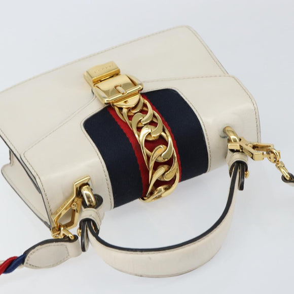 GUCCI Sherry Line Hand Bag Leather 2way White Gold Navy 470270 Auth BA8197