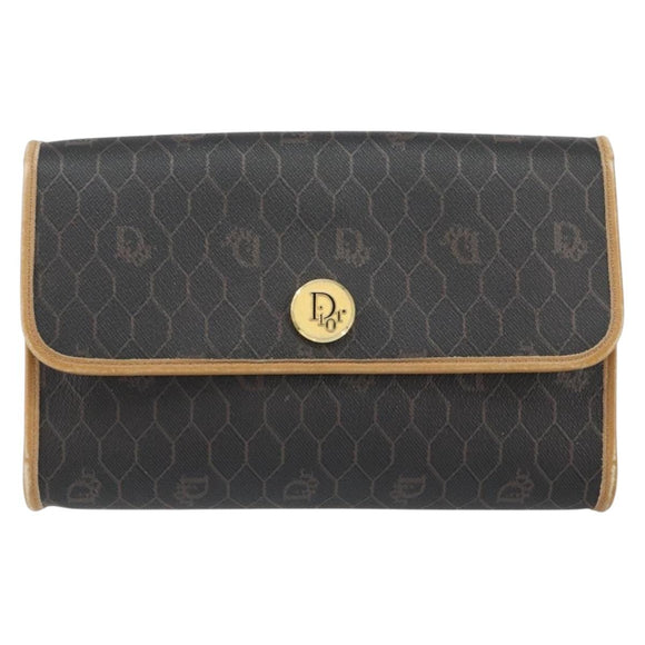 Christian Dior Honeycomb Canvas Chain Shoulder Bag PVC Black Gold Auth BA8201