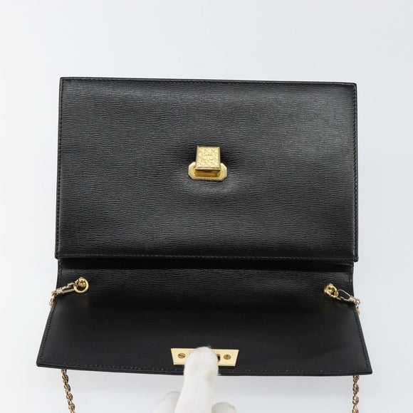 Christian Dior Chain Shoulder Bag Leather Black Gold Auth BA8202