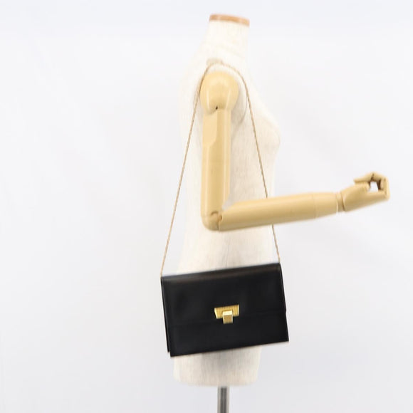 Christian Dior Chain Shoulder Bag Leather Black Gold Auth BA8202