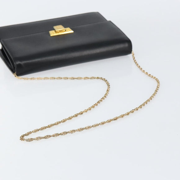Christian Dior Chain Shoulder Bag Leather Black Gold Auth BA8202
