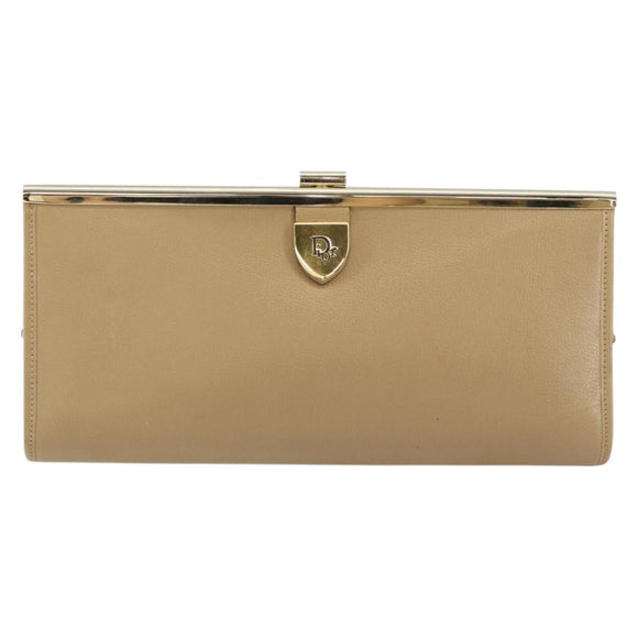 Christian Dior Clutch Bag Leather Beige Gold Auth BA8203