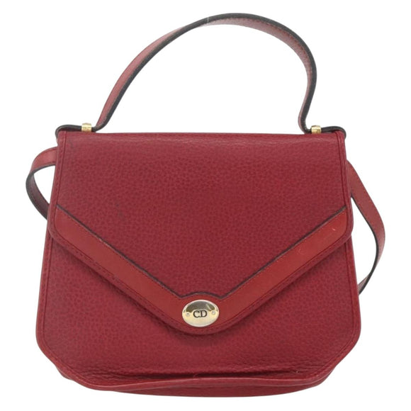 Christian Dior Hand Bag Leather 2way Red Gold Auth BA8209