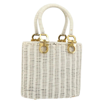 Salvatore Ferragamo Gancini Hand Bag Rattan White Gold Auth BA8212