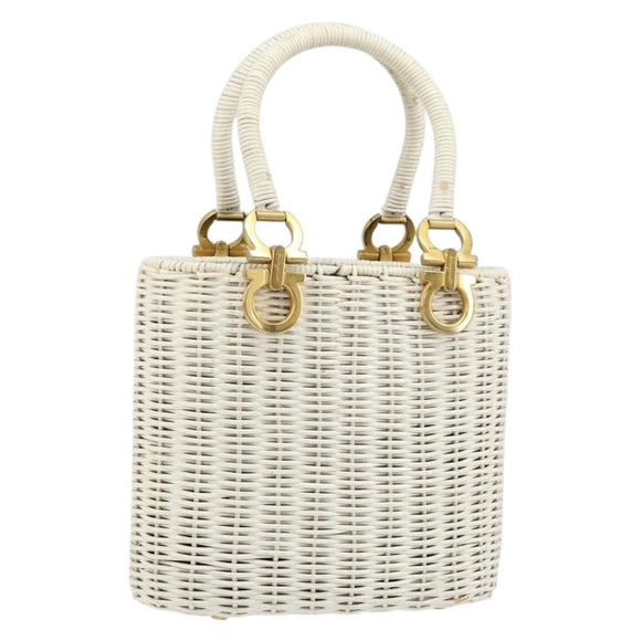 Salvatore Ferragamo Gancini Hand Bag Rattan White Gold Auth BA8212