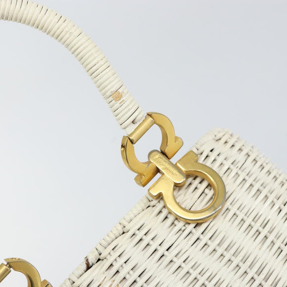 Salvatore Ferragamo Gancini Hand Bag Rattan White Gold Auth BA8212