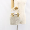Salvatore Ferragamo Gancini Hand Bag Rattan White Gold Auth BA8212-20