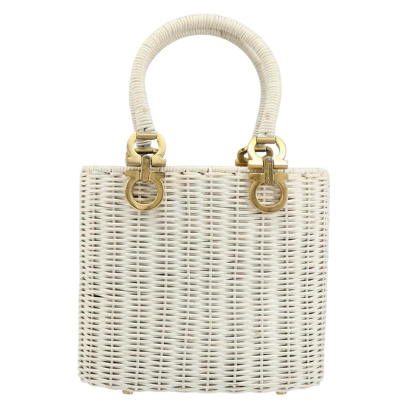 Salvatore Ferragamo Gancini Hand Bag Rattan White Gold Auth BA8212