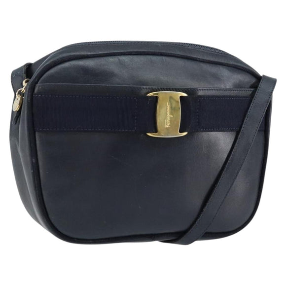 Salvatore Ferragamo Vala Shoulder Bag Leather Navy Gold Auth BA8220