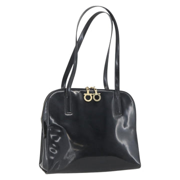 Salvatore Ferragamo Gancini Tote Bag Enamel Black Gold Auth BA8222