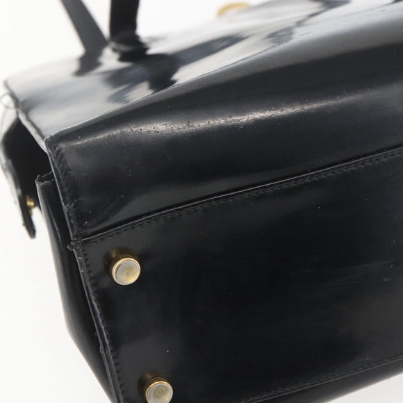 Salvatore Ferragamo Gancini Tote Bag Enamel Black Gold Auth BA8222