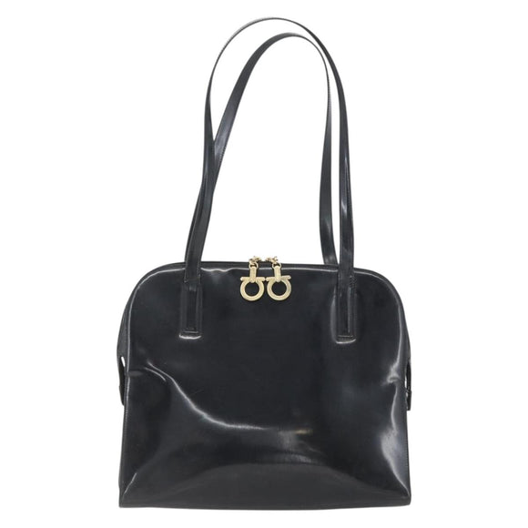 Salvatore Ferragamo Gancini Tote Bag Enamel Black Gold Auth BA8222