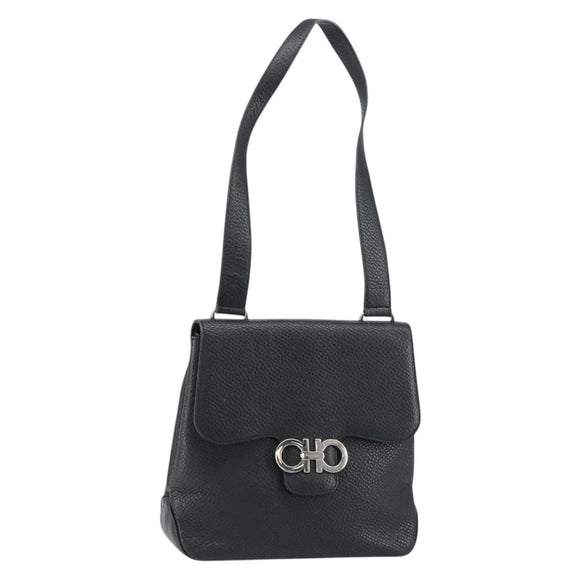 Salvatore Ferragamo Gancini Shoulder Bag Leather Black Silver Auth BA8229