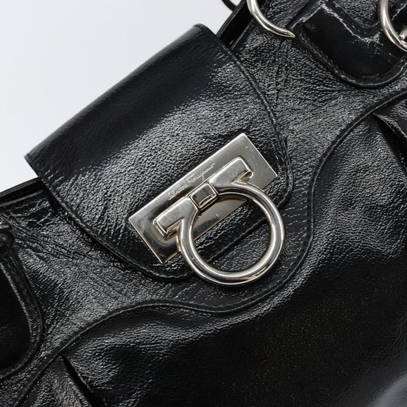Salvatore Ferragamo Gancini Tote Bag Enamel Black Silver Auth BA8231