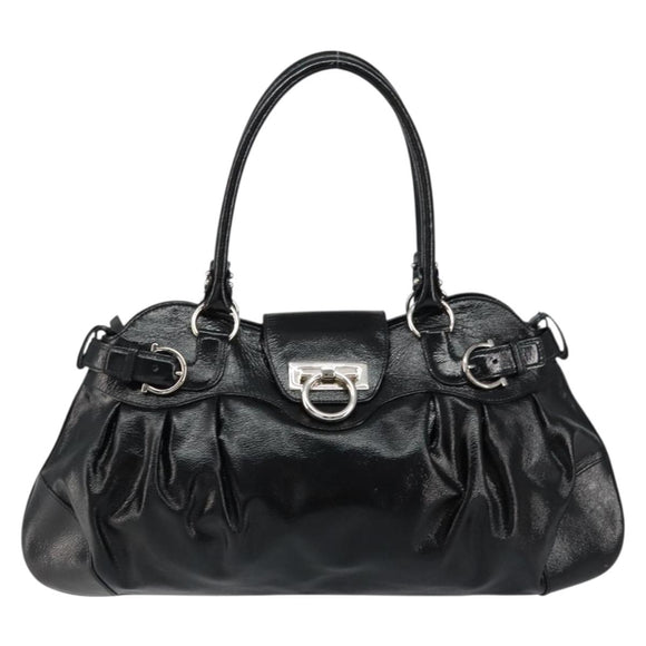 Salvatore Ferragamo Gancini Tote Bag Enamel Black Silver Auth BA8231