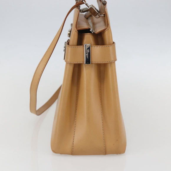 Salvatore Ferragamo Gancini Hand Bag Leather 2way Beige Silver Auth BA8232