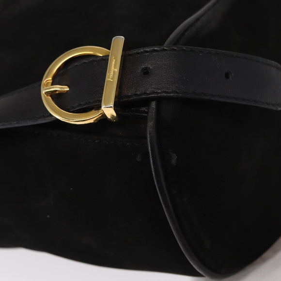 Salvatore Ferragamo Gancini Backpack Suede Black Gold Auth BA8233