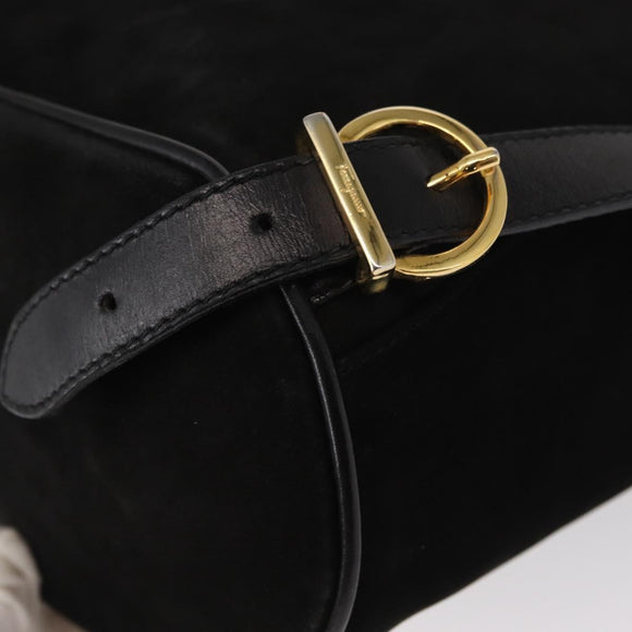 Salvatore Ferragamo Gancini Backpack Suede Black Gold Auth BA8233