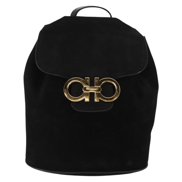Salvatore Ferragamo Gancini Backpack Suede Black Gold Auth BA8233
