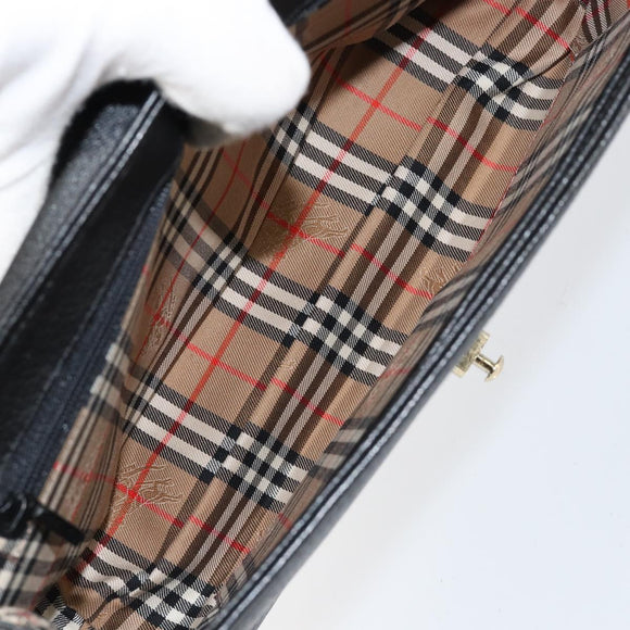 Burberrys Hand Bag Leather Black Gold Auth BA8234