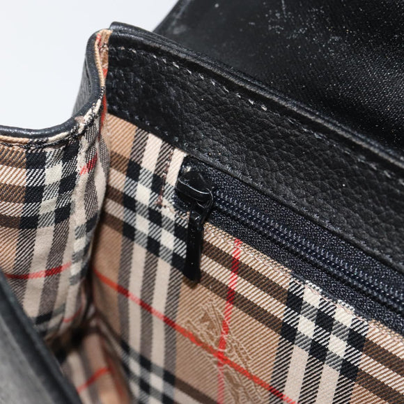 Burberrys Hand Bag Leather Black Gold Auth BA8234