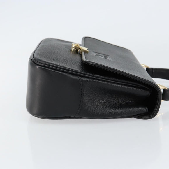 Burberrys Hand Bag Leather Black Gold Auth BA8234