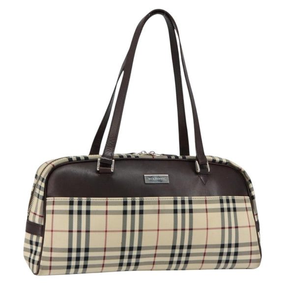 BURBERRY Nova Check Tote Bag Nylon Beige Silver Auth BA8238