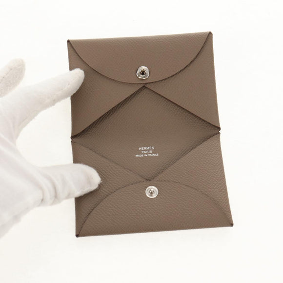 HERMES Calvi Coin Purse Leather Beige Silver Auth BA8243M