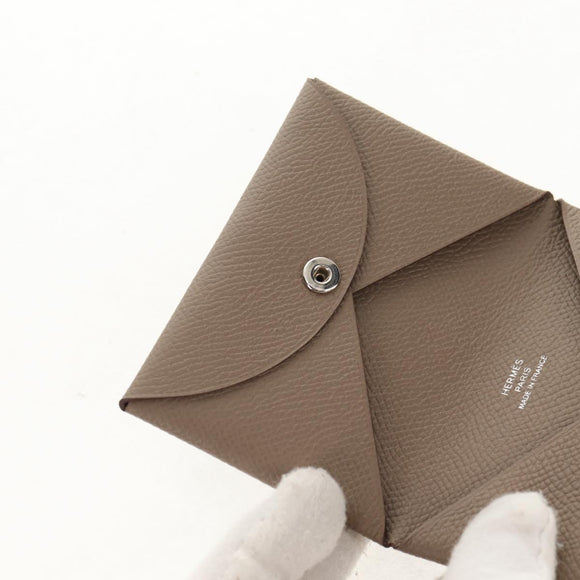 HERMES Calvi Coin Purse Leather Beige Silver Auth BA8243M