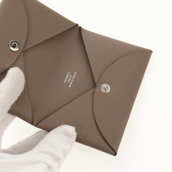 HERMES Calvi Coin Purse Leather Beige Silver Auth BA8243M