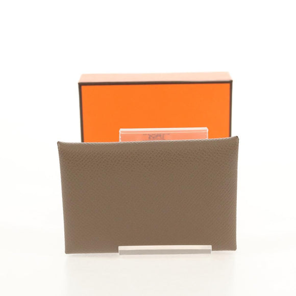 HERMES Calvi Coin Purse Leather Beige Silver Auth BA8243M