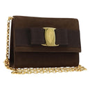 Salvatore Ferragamo Vala Chain Shoulder Bag Suede Brown Gold Auth BA8244-1