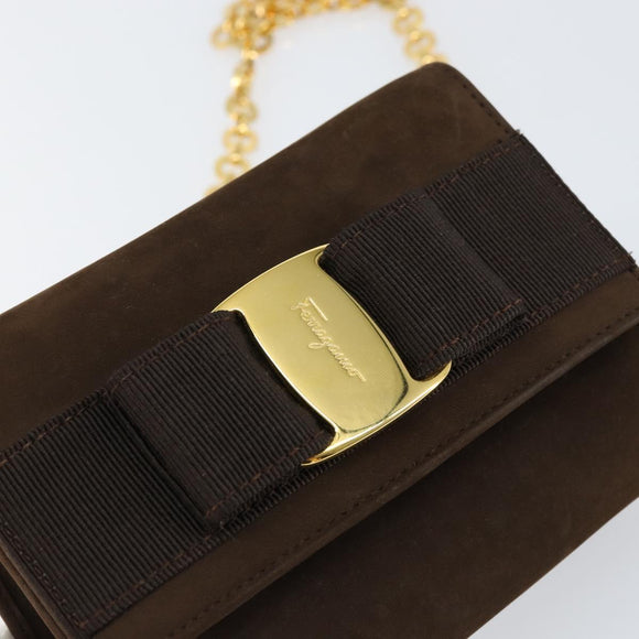 Salvatore Ferragamo Vala Chain Shoulder Bag Suede Brown Gold Auth BA8244