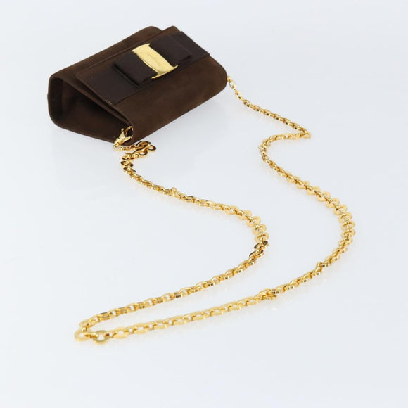 Salvatore Ferragamo Vala Chain Shoulder Bag Suede Brown Gold Auth BA8244